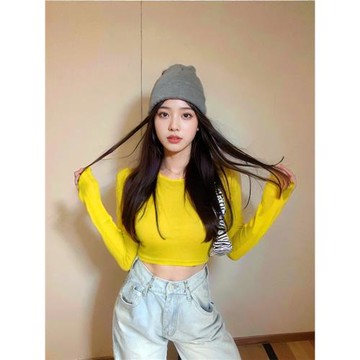 短款露臍高腰彈力黃色上衣長袖T恤薄款微透jazz爵士舞跳舞防曬衫