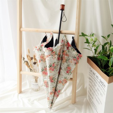 百盛洋 晴雨傘雙層傘布遮光黑膠傘田園碎花棉布蕾絲刺繡遮陽傘