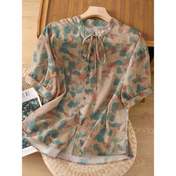 復古炒色印花系帶立領棉麻襯衫女夏季氣質顯瘦減齡小衫亞麻上衣薄