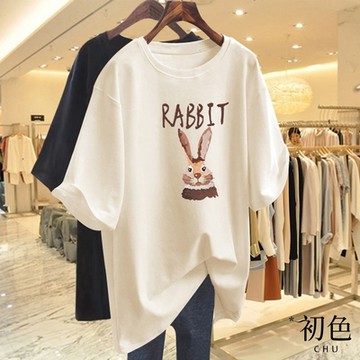 初色 兔子印花圓領寬鬆顯瘦休閒短袖T恤上衣-共10色-33904(M-4XL可選)