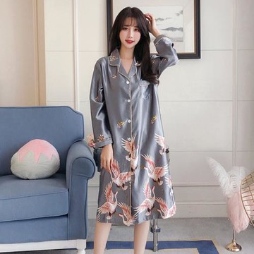 睡裙女冰絲長袖春秋長款過膝仿真絲綢加肥加大碼胖mm200斤睡衣冬