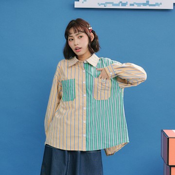 【Dailo】好輕鬆配色條紋長袖襯衫 粉 黃