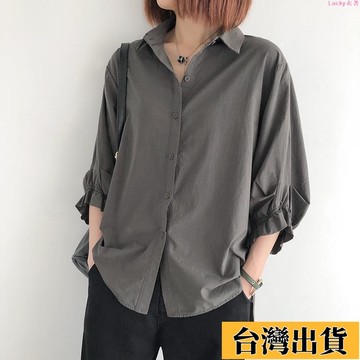 🌟新店優惠🌟女生襯衫 女襯衫 短袖襯衫燈籠袖襯衫女夏季新款韓版中袖女上衣寬松大碼薄款七分袖上衣