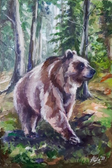 熊繪畫 原創壓克力畫 野生動物畫 森林動物藝術