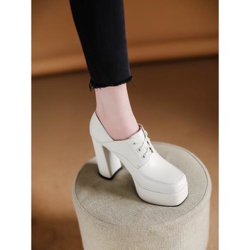 里外全皮白色高跟鞋女春秋單鞋法式氣質綁帶粗跟皮鞋小個子防水臺