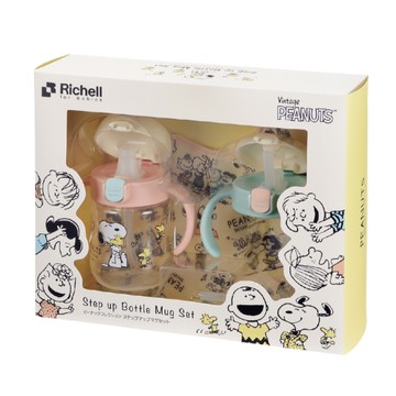 日本 Richell 利其爾 二階段水杯圍兜禮盒組-史努比|鴨嘴水杯|吸管水杯|圍兜