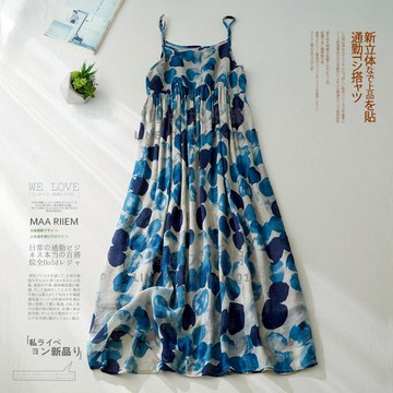 日系棉麻連身裙寬鬆吊帶無袖洋裝復古波點大擺苧麻亞麻背心長裙【時尚大衣櫥】