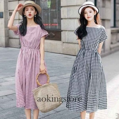 チェック柄ワンピース ギンガムチェック ロングワンピース 半袖 フレアワンピース ボートネック ウエストゴム ミモレワンピース ゆったり Aライン 通勤 着痩せ 通販 Lineポイント最大get Lineショッピング