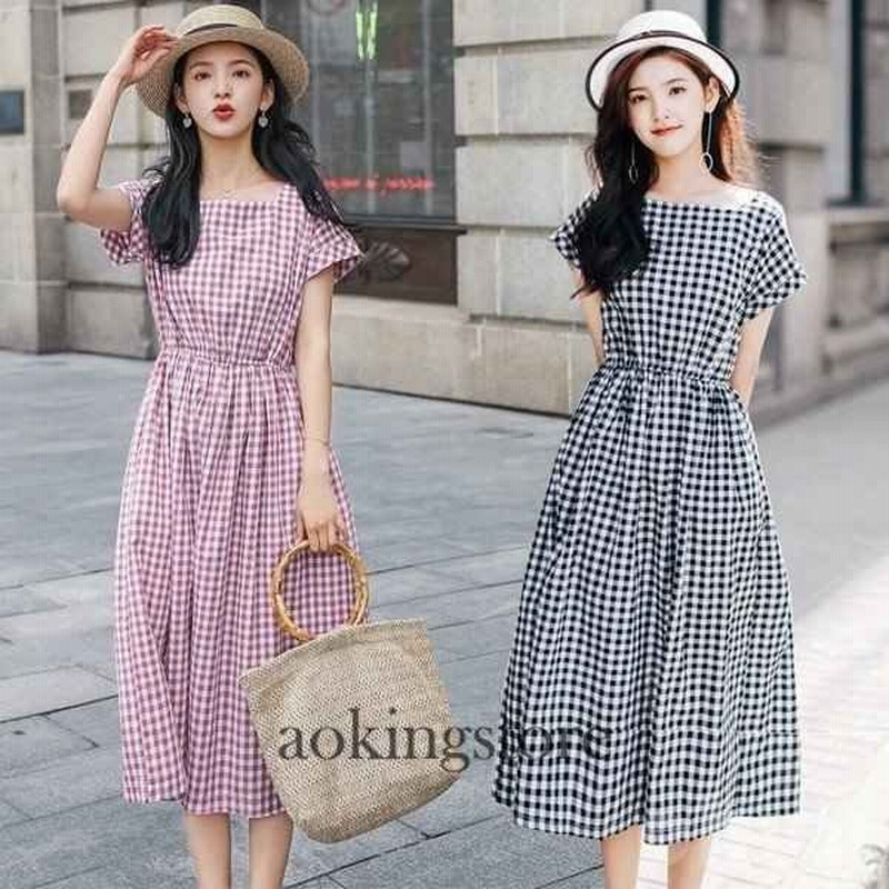 チェック柄ワンピース ギンガムチェック ロングワンピース 半袖 フレアワンピース ボートネック ウエストゴム ミモレワンピース ゆったり Aライン 通勤 着痩せ 通販 Lineポイント最大get Lineショッピング