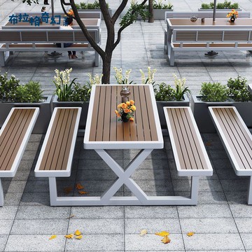 免運 戶外桌椅組合 庭院桌椅 戶外塑木桌椅庭院花園室外露天公園商用防水防曬網紅連體桌椅帶傘 可開發票 全館五折 工廠現貨直銷 新品特價 b8311