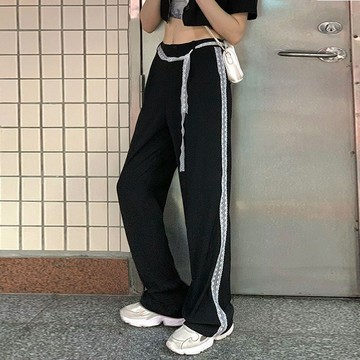 直筒褲子女  秋季花邊ins高腰西裝褲設計感  垂感寬鬆休閒闊腿褲  WH