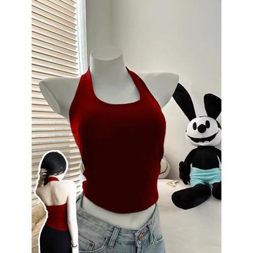 紅色掛脖吊帶上衣女帶胸墊背心夏外穿露背性感辣妹絕美設計感夏季