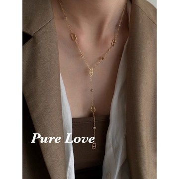 Pure Love樂芙 / 正韓 鈦鋼【316L醫療鋼】G01086鋯石鏤空豬鼻Y字鎖骨鏈 短項鏈 / 金