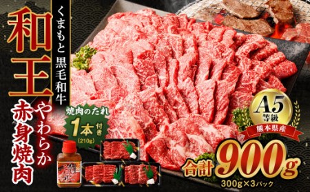 熊本県産 A5等級 黒毛和牛 和王 柔らか 赤身 焼肉 300g×3P 計900g タレ付き