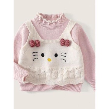 女童秋冬套頭毛衣2025新款女寶寶可愛小貓咪假兩件百搭針織打底衫