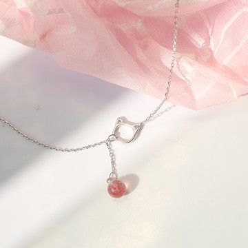 眼觀925銀貓咪天然草莓晶項鏈女可愛學生甜美百搭韓國新款鎖骨鏈1入