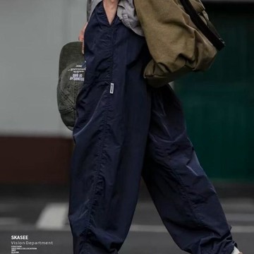 【純色】古著機能傘兵褲子男 抽繩男生休閑褲子 九分褲 休閒長褲 男生寬褲 登山褲子 日系 尼龍 垂墜感長褲 R6