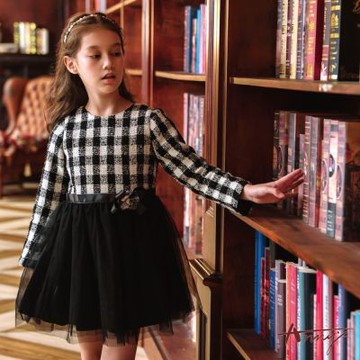 Annys安妮公主-童裝 小香風格紋網紗拼接秋冬款混羊毛長袖洋裝*2610黑色