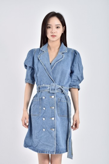 (M) 丹寧牛仔質感露背藍色綁帶洋裝