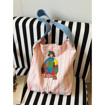 韓版ins條紋帆布包包女大容量2025新款潮簡約休閑上班通勤托特包