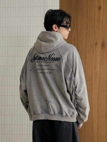 復古仿舊水洗刺繡長帽T