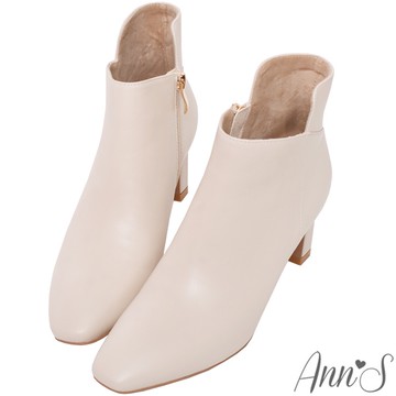 Ann’S不刻意的精緻-前低後高拼接羊皮真皮扁跟方頭短靴6.5cm-米白
