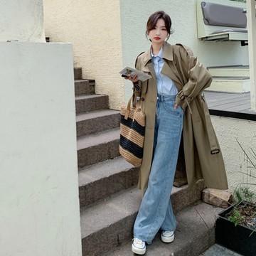 [米蘭精品] 風衣外套長款大衣-寬鬆百搭翻領時尚女外套74dk14