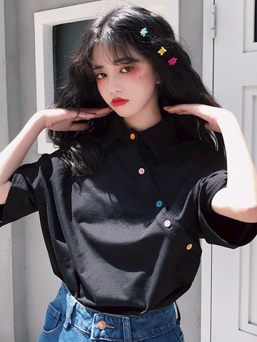 夏季新款設計感不規則超火的寬松POLO領短袖T恤上衣女裝