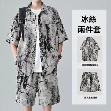 🔥【新品上新】冰絲國風潑墨套裝短袖襯衫短褲兩件套國潮休閒冰絲套裝夏季涼感潑墨套裝寬鬆大碼冰絲套裝寬鬆休閒涼感扎染海邊襯衫
