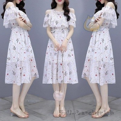 ワンピース レディース 40代 膝丈ワンピース 春夏 半袖 白ワンピース 肩出し シフォンワンピース きれいめ花柄フレアスカート オシャレ結 通販 Lineポイント最大get Lineショッピング