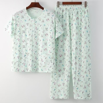 夏女士中老年媽媽開衫系扣純棉半袖空調衫薄款開襟睡衣套裝家居服