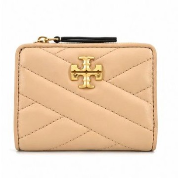 TORY BURCH KIRA 金字LOGO羊皮斜紋拉鍊零錢短夾(奶茶)