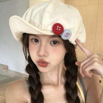 復古日系棉麻大頭圍八角帽子女彩色毛氈紐扣不對稱設計云朵畫家帽