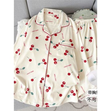 網紅風貓咪帶胸墊德絨睡衣女款春秋冬季珊瑚絨加絨套裝加厚家居服