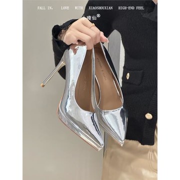 羊皮10cm歐美厚底防水臺漆皮尖頭單鞋女夜店新款銀色細跟超高跟鞋