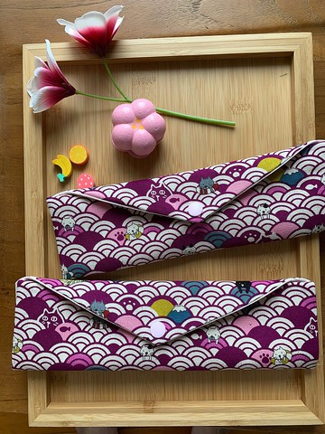 文青風環保筷袋  圈粉小喵咪 美麗紫 手作餐具袋.交換禮物.