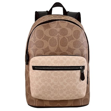 COACH West 撞色印花皮革雙層大容量商旅雙肩後背包(駝/卡其)