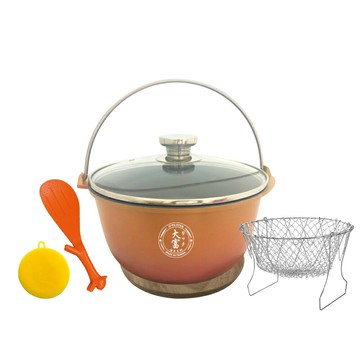 大富台灣鍋 備長炭萬用厚釜鍋超值組(附玻璃鍋蓋 贈PP飯匙+樟木隔熱墊+油炸瀝水籃+矽膠刷)適用10人份電鍋內鍋 瓦斯爐 ih電磁爐