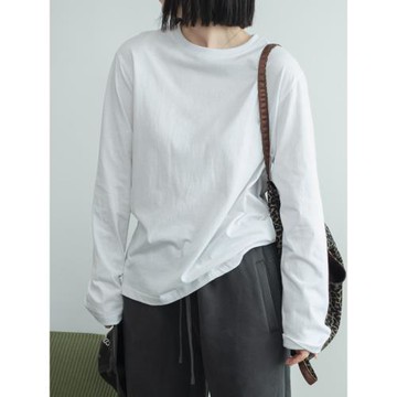 2025春秋新款白色打底時尚簡約純色寬松長袖純棉羅紋領百搭正肩