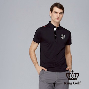 【KING GOLF】網路獨賣款-男款素面刺繡透氣簍空剪裁POLO衫/高爾夫球衫-黑