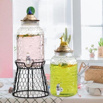 北歐動物蓋孔雀金鹿蜂窩圖案果汁罐玻璃帶水龍頭聚會飲料桶涼水壺