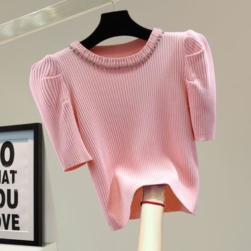 鑲鉆釘珠泡泡袖T恤2025夏季韓版彈力小個子高腰短款冰絲針織衫潮