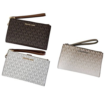 MICHAEL KORS 滿版老花金字皮革雙拉鍊掛帶中夾