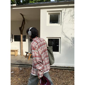 春秋美式復古格子襯衫男磨毛風琴口袋古著寬松慵懶風長袖襯衣外套