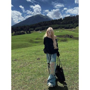 莫欣欣 美式破洞拖地牛仔褲寬松設計感復古辣妹藍色慵懶直筒褲女