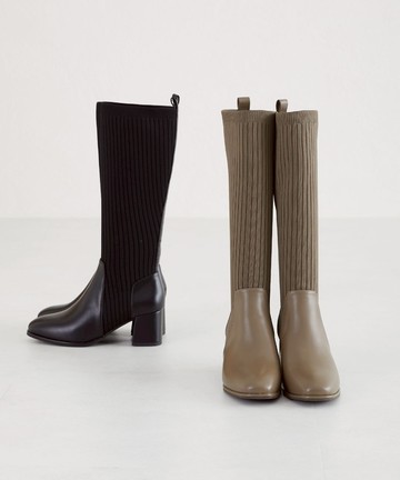 針織異材拼接粗跟長靴 (31509)