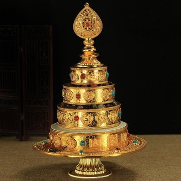 藏傳曼茶羅雕刻曼扎盤鎏金八吉祥曼扎盤藏式供佛修盤帶托盤 金色