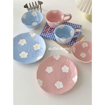 ins風手捏少女心餐具套裝花朵釉下彩餐盤馬克杯粉色早餐盤飯碗