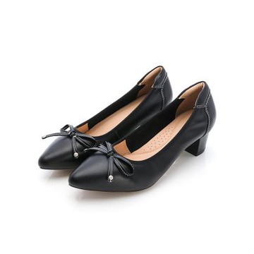 viina 簡約百搭真皮尖頭蝴蝶結中跟鞋-黑