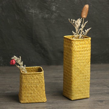 簡約純色草編織花籃客廳桌面裝飾花器花插滿天星干花擺件落地花瓶